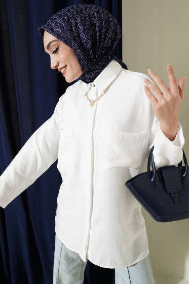 Çift Göğüs Cepli Gizli Düğmeli Gömlek Beyaz - Gömlek