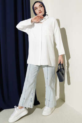 Çift Göğüs Cepli Gizli Düğmeli Gömlek Beyaz - Gömlek