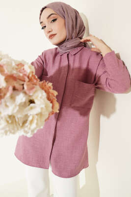 Çift Göğüs Cepli Gizli Düğmeli Gömlek Gül Kurusu - FİXAY