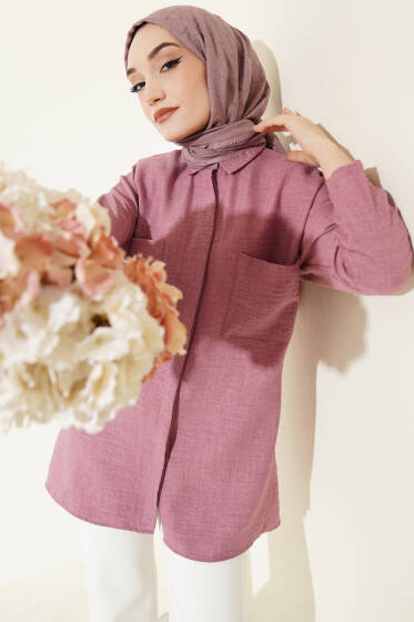 Çift Göğüs Cepli Gizli Düğmeli Gömlek Gül Kurusu - Gömlek