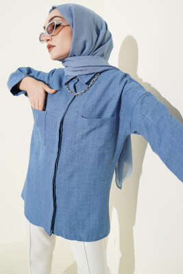 Çift Göğüs Cepli Gizli Düğmeli Gömlek İndigo - FİXAY