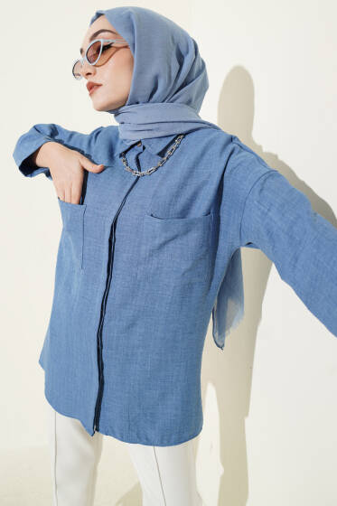 Çift Göğüs Cepli Gizli Düğmeli Gömlek İndigo - Gömlek