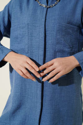 Çift Göğüs Cepli Gizli Düğmeli Gömlek İndigo - Gömlek