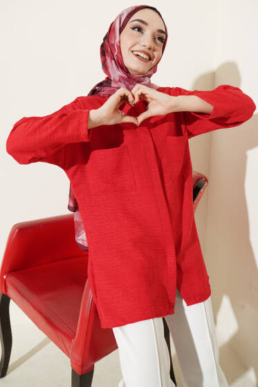 Çift Göğüs Cepli Gizli Düğmeli Gömlek Kırmızı - Gömlek