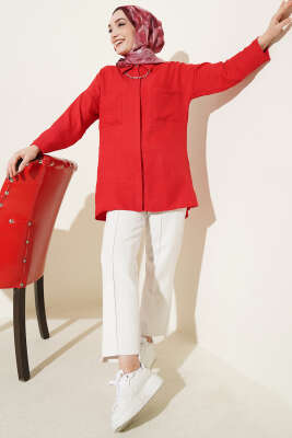 Çift Göğüs Cepli Gizli Düğmeli Gömlek Kırmızı - Gömlek