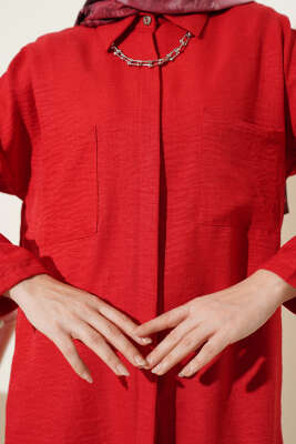 Çift Göğüs Cepli Gizli Düğmeli Gömlek Kırmızı - Gömlek