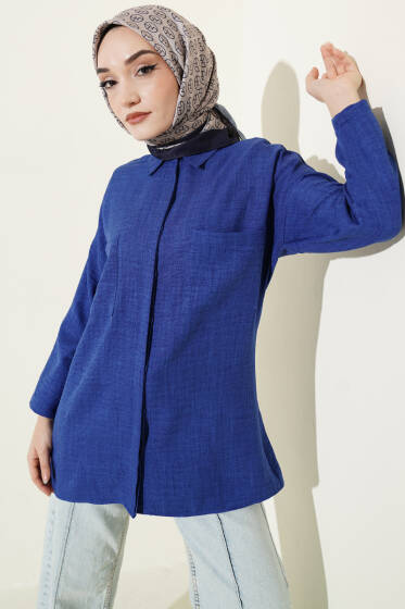 Çift Göğüs Cepli Gizli Düğmeli Gömlek Saks - Gömlek