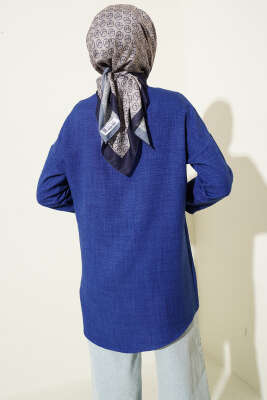 Çift Göğüs Cepli Gizli Düğmeli Gömlek Saks - Gömlek