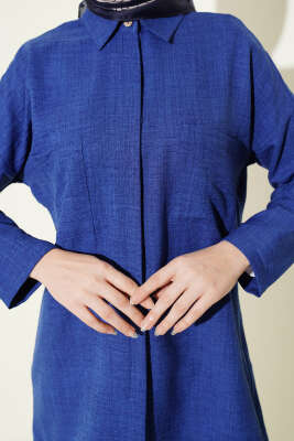 Çift Göğüs Cepli Gizli Düğmeli Gömlek Saks - Gömlek