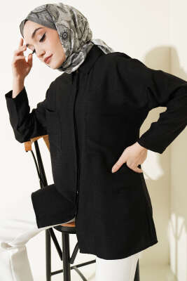 Çift Göğüs Cepli Gizli Düğmeli Gömlek Siyah - FİXAY