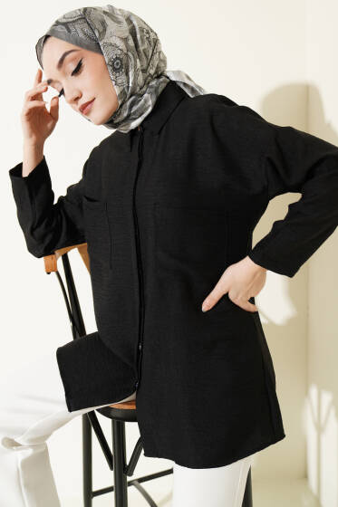 Çift Göğüs Cepli Gizli Düğmeli Gömlek Siyah - Gömlek