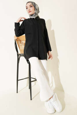 Çift Göğüs Cepli Gizli Düğmeli Gömlek Siyah - Gömlek