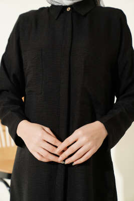 Çift Göğüs Cepli Gizli Düğmeli Gömlek Siyah - Gömlek