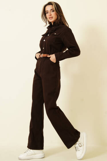 Çift Göğüs Cepli Kemerli Kot Tulum Kahve - Kadın Giyim Modelleri