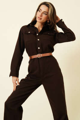 Çift Göğüs Cepli Kemerli Kot Tulum Kahve - Kadın Giyim Modelleri