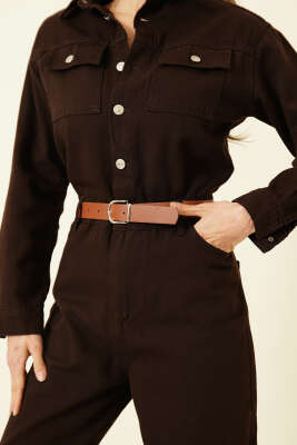 Çift Göğüs Cepli Kemerli Kot Tulum Kahve - Kadın Giyim Modelleri