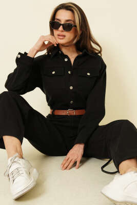 Çift Göğüs Cepli Kemerli Kot Tulum Siyah - Kadın Giyim Modelleri