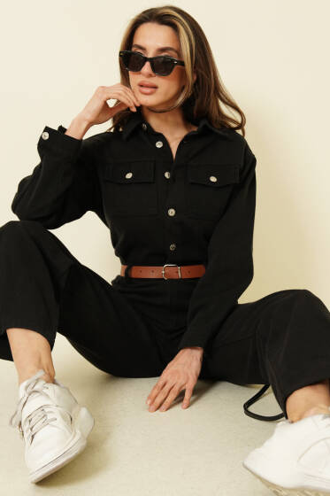 Çift Göğüs Cepli Kemerli Kot Tulum Siyah - Kadın Giyim Modelleri