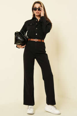 Çift Göğüs Cepli Kemerli Kot Tulum Siyah - Kadın Giyim Modelleri