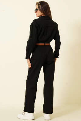 Çift Göğüs Cepli Kemerli Kot Tulum Siyah - Kadın Giyim Modelleri