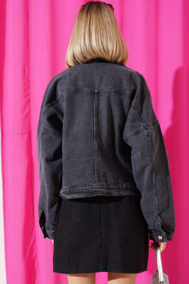 Çift Göğüs Cepli Kısa Kot Ceket Antrasit - Kadın Giyim Modelleri
