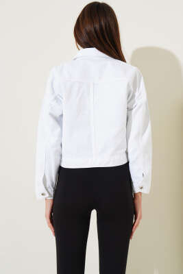 Çift Göğüs Cepli Kısa Kot Ceket Beyaz - Kadın Giyim Modelleri