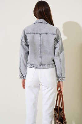 Çift Göğüs Cepli Kısa Kot Ceket Gri - Kadın Giyim Modelleri