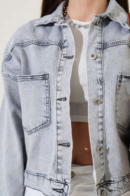 Çift Göğüs Cepli Kısa Kot Ceket Gri - Kadın Giyim Modelleri