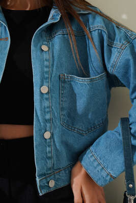 Çift Göğüs Cepli Kısa Kot Ceket Kot Mavisi - Kadın Giyim Modelleri