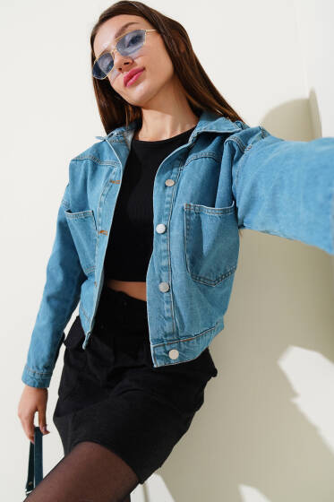 Çift Göğüs Cepli Kısa Kot Ceket Kot Mavisi - Yeni Giyim