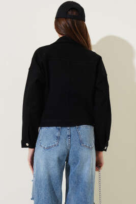 Çift Göğüs Cepli Kısa Kot Ceket Siyah - Kadın Giyim Modelleri