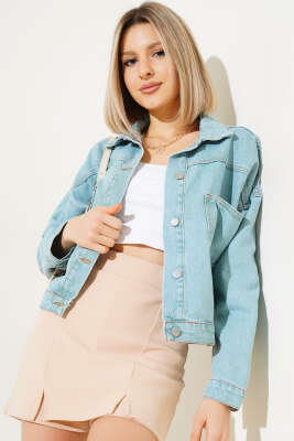 Çift Göğüs Cepli Kısa Kot Ceket Su Yeşili - Kadın Giyim Modelleri