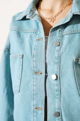 Çift Göğüs Cepli Kısa Kot Ceket Su Yeşili - Kadın Giyim Modelleri