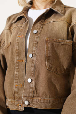 Çift Göğüs Cepli Kısa Kot Ceket Taba - Kadın Giyim Modelleri