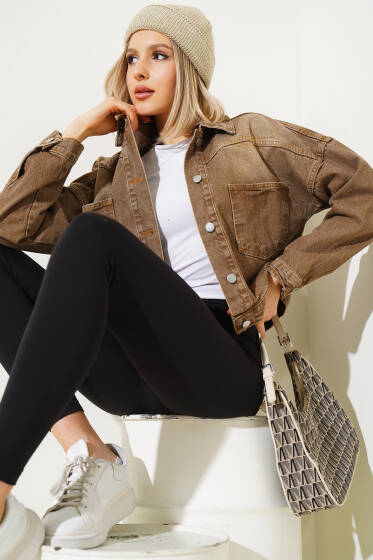 Çift Göğüs Cepli Kısa Kot Ceket Taba - Yeni Giyim