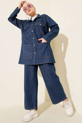 Çift Göğüs Cepli Kot İkili Takım Koyu Mavi - TEGOE