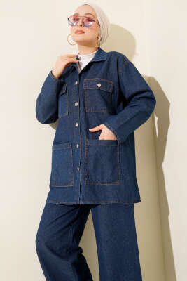 Çift Göğüs Cepli Kot İkili Takım Koyu Mavi - İkili Takım