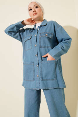 Çift Göğüs Cepli Kot İkili Takım Mavi - İkili Takım