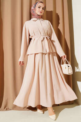 Çift Göğüs Cepli Kuşaklı Etekli Takım Bej - BERAT TEKSTİL