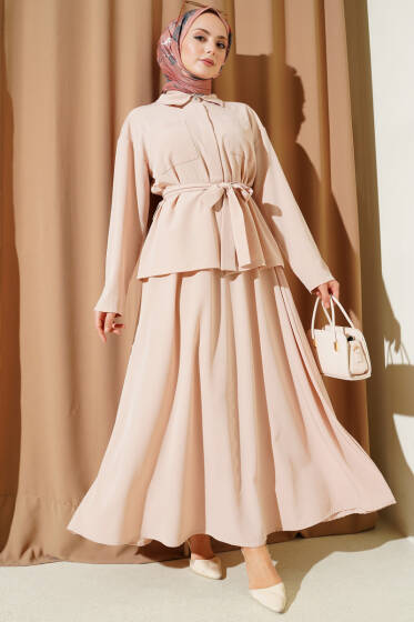 Çift Göğüs Cepli Kuşaklı Etekli Takım Bej - İkili Takım