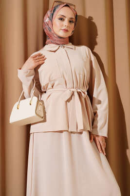 Çift Göğüs Cepli Kuşaklı Etekli Takım Bej - İkili Takım