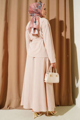 Çift Göğüs Cepli Kuşaklı Etekli Takım Bej - İkili Takım