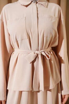 Çift Göğüs Cepli Kuşaklı Etekli Takım Bej - İkili Takım