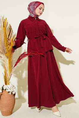 Çift Göğüs Cepli Kuşaklı Etekli Takım Bordo - BERAT TEKSTİL