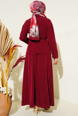 Çift Göğüs Cepli Kuşaklı Etekli Takım Bordo - İkili Takım