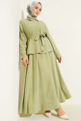 Çift Göğüs Cepli Kuşaklı Etekli Takım Çağla Yeşili - BERAT TEKSTİL