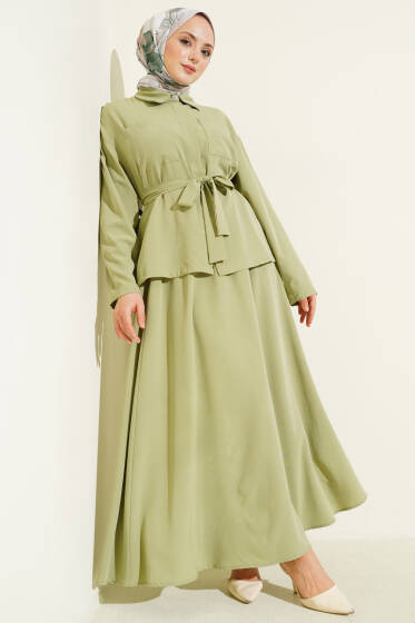 Çift Göğüs Cepli Kuşaklı Etekli Takım Çağla Yeşili - İkili Takım