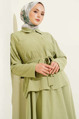 Çift Göğüs Cepli Kuşaklı Etekli Takım Çağla Yeşili - İkili Takım