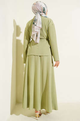 Çift Göğüs Cepli Kuşaklı Etekli Takım Çağla Yeşili - İkili Takım