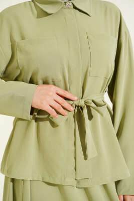 Çift Göğüs Cepli Kuşaklı Etekli Takım Çağla Yeşili - İkili Takım